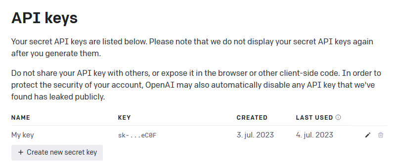 *Figure 1 - Generate API key from OpenAI*